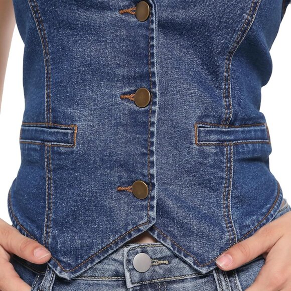 Womens Denim Vest Button Up V Neck Cropped Jean Vest Top - Picture 3 of 5